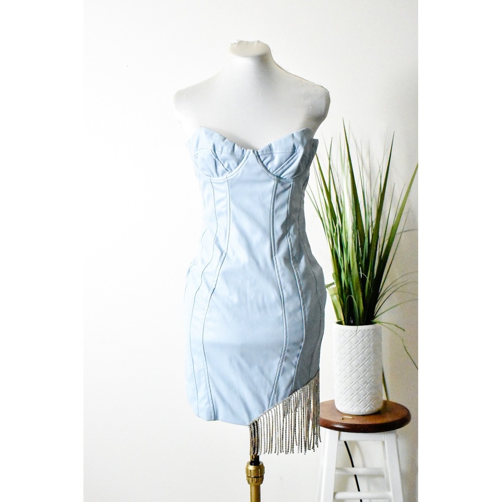 Fashion Nova Party Girl PU Leather Mini Dress Women XL Blue Rhinestone Fringe